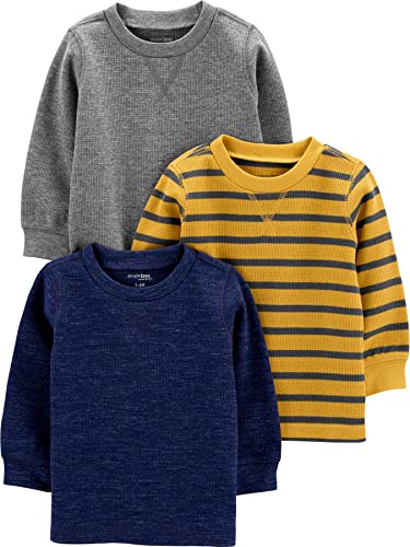 Simple Joys by Carter's Boys' 3-Pack Thermal Long Sleeve Shirts, Grey/Navy Heather/Yellow Stripe, 12 Months