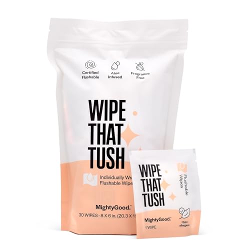 MightyGood. Wipe That Tush On-The-Go Flushable Wet Wipes - 1 Pack, 30 Wipes - Individually Wrapped Extra-Large Wipes with Aloe - Hypoallergenic & Unscented - Septic and Sewer Safe