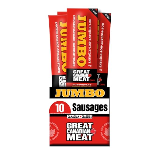 Hot Jumbo Smoked Sausages Locally Made & Hardwood Smoked, 10 x 72g Caddy of Meat Snacks by Great Canadian Meat, Gluten Free, High In Protein Meat Sticks, Sausage Pepperoni Sticks For Carnivores. MRE Perfect For Camping & Road Trips