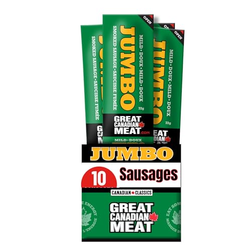 Mild Jumbo Smoked Sausages Locally Made & Hardwood Smoked, 10 x 72g Caddy of Meat Snacks by Great Canadian Meat, Gluten Free, High In Protein Meat Sticks, Sausage Pepperoni Sticks For Carnivores. MRE Perfect For Camping & Road Trips