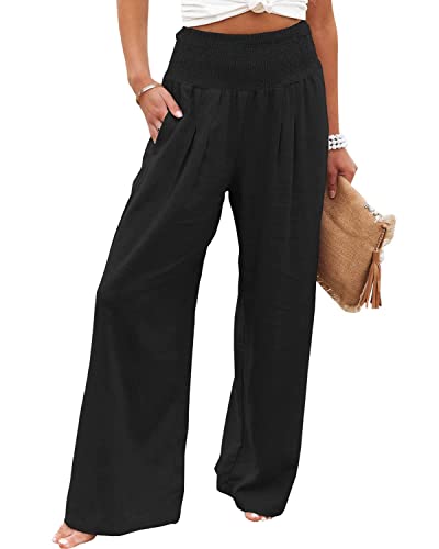 Vansha Women Summer High Waisted Cotton Linen Palazzo Pants Wide Leg Long Lounge Pant Trousers with Pocket Black S