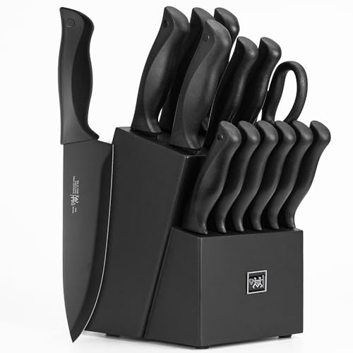 HUNTER.DUAL Knife Set, Dishwasher Safe Kitchen Knife Set with Block, 15 Pcs Black Kitchen Knife Sets with Block Self Sharpening, 6 Steak Knives, Black