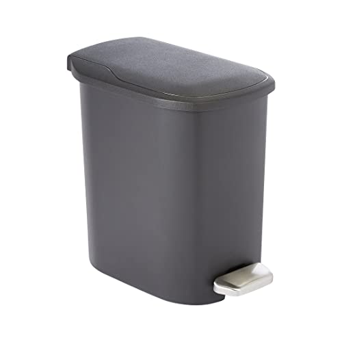 Amazon Basics Compact Bathroom Small Plastic Rectangular Trash Can with Removable Inner Bucket, Steel Foot Pedal for Hands Free Opening, Black, 6 Liters