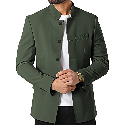 Mens Casual Suit Blazer Jackets Stand Mandarin Collar Lightweight Lined Sport Coats Business Coats (US, Alpha, Medium, Regular, Regular, Dark Green)