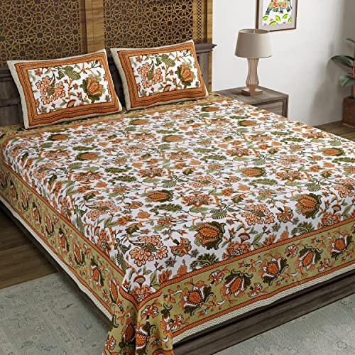 BLOCKS OF INDIA Hand Block Printed 300 TC Cotton Super King Size Bedsheet(106 x 106) (Multi Green)