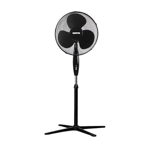 GEEPAS 16” Pedestal Free Standing Cooling Fan | 3 Speed 3 Blades Wide Angled Oscillation | Pivoting Head & Adjustable Height | Powerful Airflow Floor Fan | Home Office Use, 1 Year Warranty Black 45W