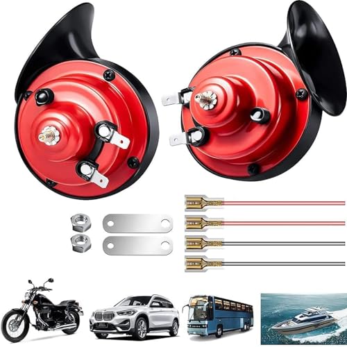 Snail Horn 300DB,Dual Tone Car Horn 2Pcs 300DB Super Loud Train Horn Air Horns 12V Waterproof Double Horn Raging Sound Electric Snail Horn For Car Motorcycle Bikes Truck And Boats (Red)
