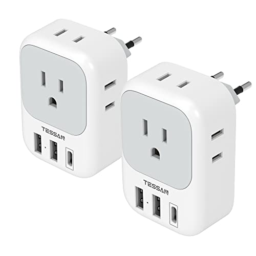 2 Pack European Plug Adapter USB C, TESSAN US to Europe Adapter 4 Outlets 3 USB Charger, Type C International Power Adaptor to Italy Spain France Portugal Iceland Germany, Europe Travel Essentials