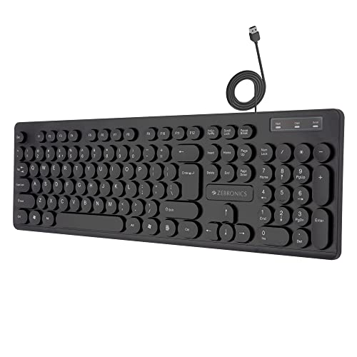 Zebronics K24 Wired USB Keyboard, 104 Keys, Long Life 8 Million Keystrokes, Silent & Comfortable Use, Slim Design, Retractable Stand, 1.5 Meter Textured Cable, UV Coated keycaps