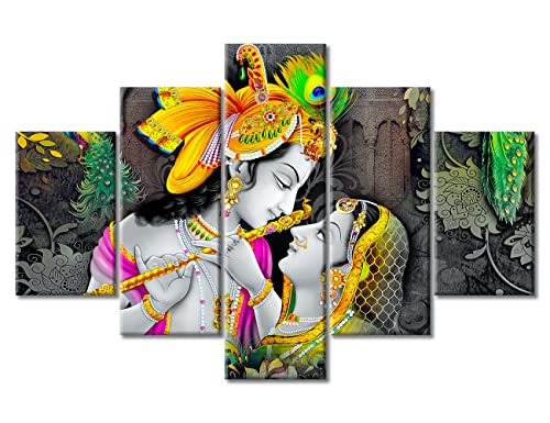 5 Panel Wall Art Radha Krishna Canvas Paintings Office Decor Hindu God Wall Decor for Bedroom Ganesha Canvas Paintings Wall Decor Living Room Posters and Prints Framed Ready to Hang (60"Wx40"H)