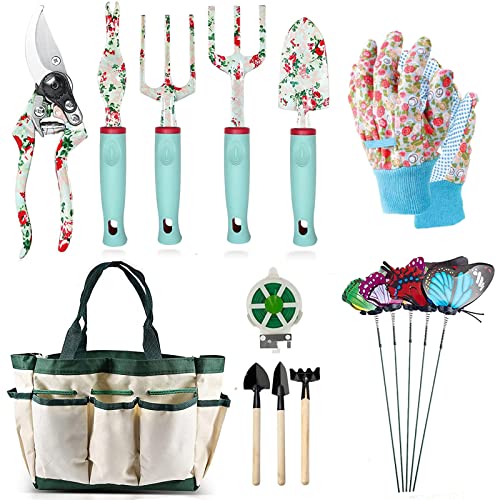 Ensemble Outils Jardinage,16 Pièces Floral Cadeaux D'outils à Main de Jardinage Cadeaux de Jardinage pour Femmes et Hommes, avec Sécateur et Fourre-Tout de Rangement à Très Grande Poignée