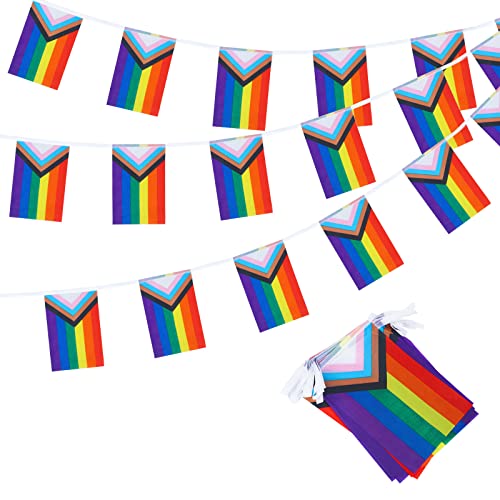 40 PCS Progress Pride Rainbow Banner String 32.81 Ft - Bisexual Gay Pansexual Lesbian Flag Gay Pride Hanging Decor - LGBT Indoor Outdoor Flags for Pride Day Party