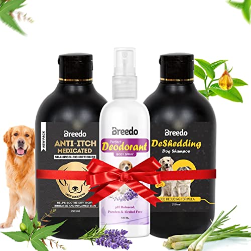 Breedo (Combo of 3) Dog Anti-Itch Shampoo +Deshredding Shampoo(500 ml)+ 100 ml Perfect Dog Body Deodorizer Spray Natural Itch Relief Dog Shampoo for Labrador, German Shepherd, Golden Retriever