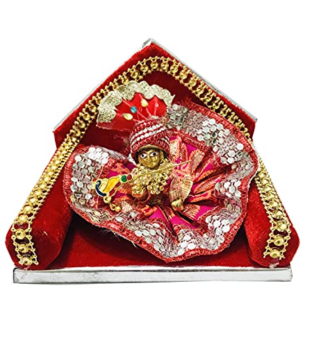 Gavya International Bal Ladoo Gopal Red Gaddi Lord Krishna Aasan with Janmashtami Cloth Swing for Home Temple mandir Home showpiece - (L x H) (5 X 4.25) Inch