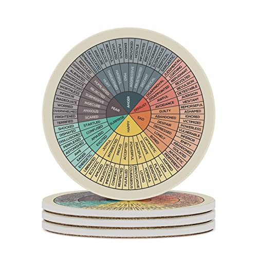 Wheel of Emotions Feelings Chart Coasters for Drinks Set of 4 Absorbent Round Ceramic Coaster Cork Base Cups Place Mat for Coffee Wooden Table Home Therapy Office Decor Counselor Therapist Gifts