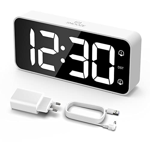 LATEC Wecker Digital, LED Digitaler Wecker mit 2 Alarme Snooze, Digital Uhr mit USB-Ladeanschluss, 0–100% Helligkeitsdimmer, 90–120 dB Alarm Lautstärke, 8 Klingeltönen, 12/24H, Netzbetrieben
