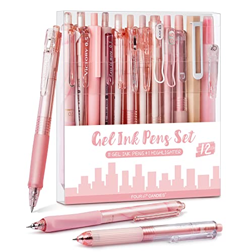 Four Candies Gelstifte, Schwarz & Rosa Gelschreiber mit Textmarker, Cute Gel Pens Aesthetic Clean Girl School Stuff, Schulsachen Set mit 12 Stiften - Rose Serie