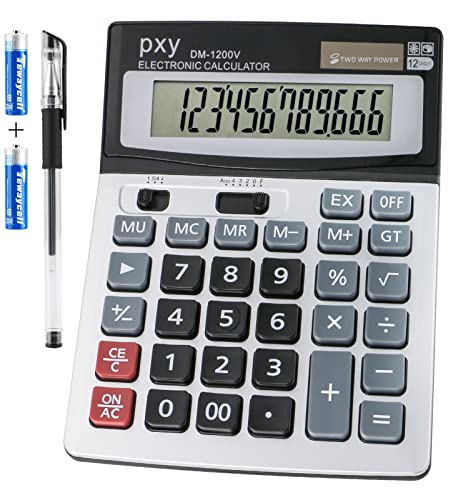Large Desk Calculator Basic, Touch Comfortable with Large Buttons, PXY Two Way Power Battery and Solar Standard Function Office Calculators,12 Digit Calculatrice Large Display Clearly