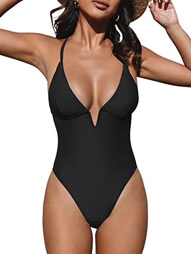 CUPSHE Women Swimsuit One Piece Bathing Suit Deep V Neck Crisscross Back Adjustable Strap, S Black