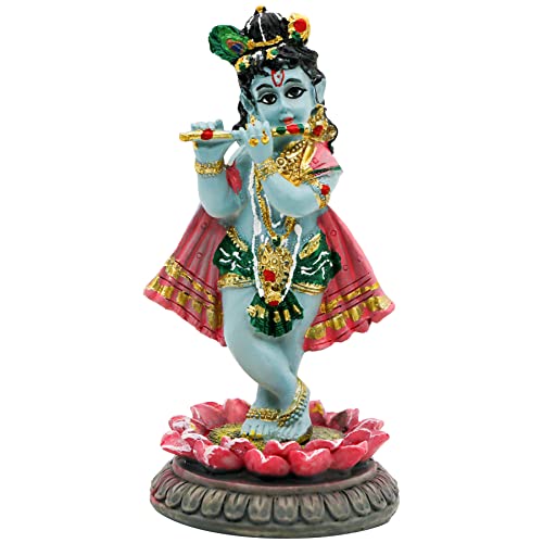 alikiki Indian Idol Krishna God Statue - 3.9”H Hindu Murti Idol Little Krishna Play Flute Sculpture for Home Office Temple Mandir Altar Pooja Item Diwali Puja Figurine