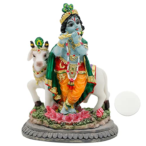 Hindu Idol Lord Krishna Statue- 3.7”H Handmade Standing Krishna Murti Playing Flute with Cow for Home Office Mandir Temple Altar Shrine Pooja Item Diwali Puja Gifts