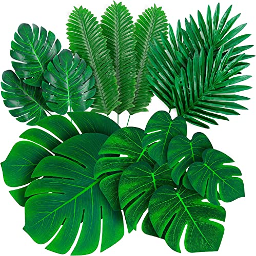 Palm Leaves Artificial Tropical Monstera-84pcs 6 Kinds Large Small Green Fake Palm Leaf with Stems for Safari Jungle Hawaiian Luau Party Table Decoration Wedding Birthday Theme Party