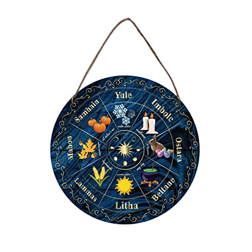 NBEADS Wheel of The Year Wood Sign, 11.8" Sabbats Norse Pagan Sign Witches Runes Wood Engraved Board Wiccan Holidays, Wicca Calendar, Yule Altar, Celestial Sign, Vintage Handmade Christmas Sign Decor