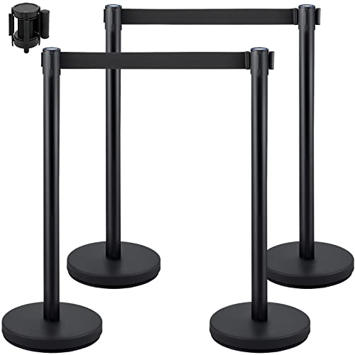 VEVOR Crowd Control Stanchion, Set of 4 Pieces Stanchion Set, Stanchion Set with 6.6 ft/2 m Black Retractable Belt, Black Crowd Control Barrier w/Concrete and Metal Base – Easy Connect Assembly