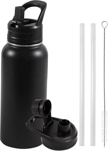 Insulated Water Bottle, 32oz Vacuum Stainless Steel Metal Sports Water Bottles with Stickers, Straw & Spout Lid (2 Lids), Double Walled to Keeps Hot and Cold, Leak Proof, BPA-Free, 32oz (Black)