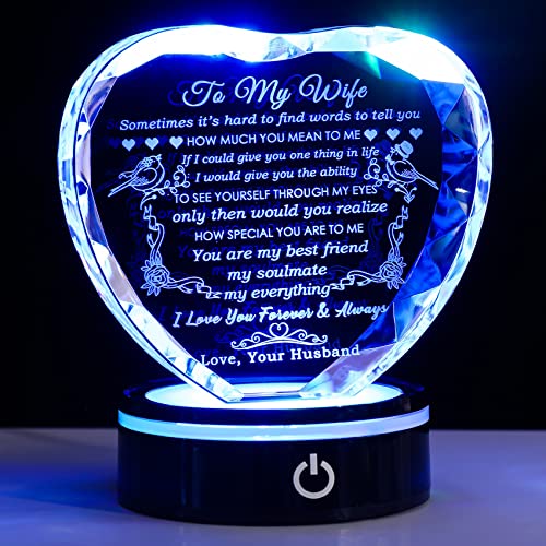 YWHL Gifts for Wife with Colorful LED Base I Love You Gifts for Her from Husband Best Wife Anniversary Birthday Gift Ideas Romantic to My Wife Crystal Keepsakes Presents