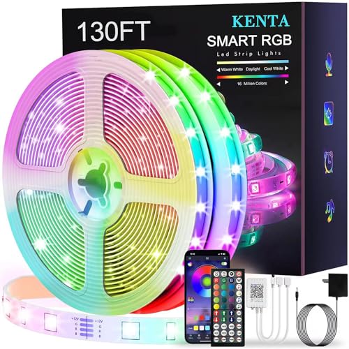 KENTA Led Strip Lights 130ft (2 Rolls of 65ft) Smart Light Strips with App Control Remote, 5050 RGB Led Lights for Bedroom, Music Sync Color Changing Lights for Room Party…