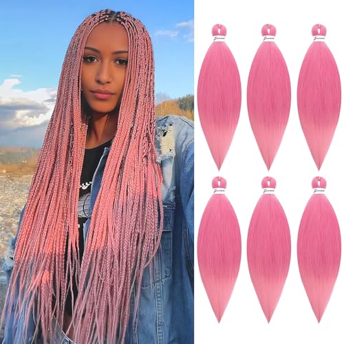 BLTYXT Pre-stretched Braiding Hair 26'' Easy Braid 6 Packs Professional Itch Free Synthetic Fiber EZ Braids Yaki Texture Knotless Braiding Hair Extensions(Pink, 26 Inch（Pack of 6）)