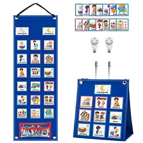 KIKIGOAL Kids Visual Schedule Calendar Chart, 2 in 1 Autism Daily Chore Routine Chart with 70 Cards Autism Learning Materials Kids Visual Behavioral Tool Wall Planner for Home School