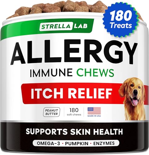 StrellaLab Allergy Relief Dog Treats w/Omega 3 (180 Ct) + Pumpkin + Enzymes + Turmeric - Itchy Skin Relief - Immune&Digestive Supplement - Skin&Coat Health - Anti-Itch&Hot Spots - Made in USA - Peanut