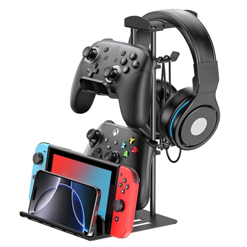 KDD Headphone Stand, Game Controller Holder & Headset Holder for Desk, Earphone Stand with Aluminum Supporting Bar, Universal Storage Organizer Headphones/Controller/Switch/iPad/Mobile Phone