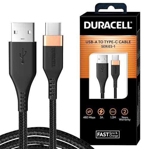 Duracell Usb-A To Type C, 65W Braided Sync&Fast Charging USB Cable, 3.9 Feet(1.2M), Qc 2.0/3.0 Ultra Fast Charging, For Samsung, Mi, Realme, Oppo, One Plus, Seamless Data Transmission, Series 1,Black