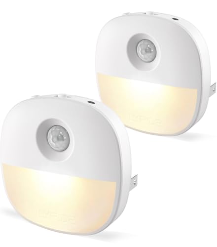 Night Light Plug in - LYRIDZ Dimmable Motion Sensor Night Light with Dusk-to-Dawn Sensor 3 Modes Ideal for Bedroom, Hallway, Kitchen, Stair, Compact Size, 2 Pack