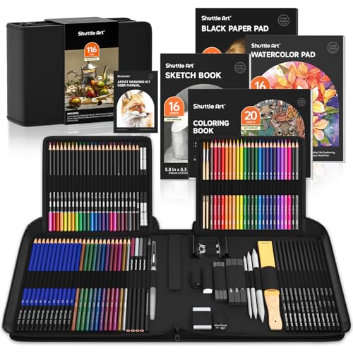 116 Pack Sketching and Drawing Pencils Set, Shuttle Art Sketch Pencil Set with 4 Pads, Graphite in Zipper Case, Colouring for Artist Sketching, Adults, Beginner (SA SS116)
