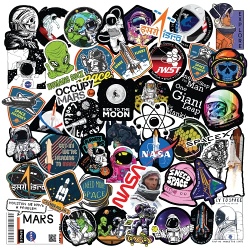 CodersParadise Vinyl Pack of 53 Space Stickers For Laptop - Aesthetic Waterproof Nasa, Spaceship, Astronaut, Moon Stickers, Self-Adhesive, 7.6 cms