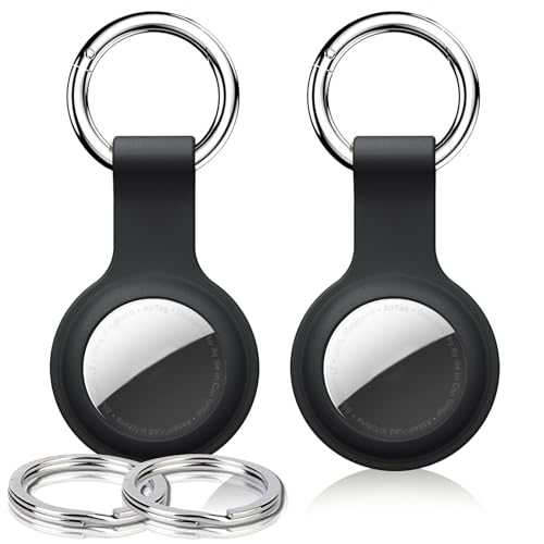Air-tag Keychain Holder, [2 Pack] Silicone Air-Tag Holder Case for Airtags, Anti Scratch and Lost Resistant Design for Airtag Case for Keys, Bags, Luggage, Pet Collars, Carabiner-Black