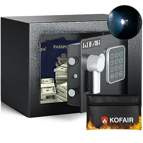 KOFAIR Small Safe Box for Home Safe (0.23 Cubic Feet) with Fireproof Bag, Personal Money Safe for Cash Saving, Mini Safe with Key, Digital Safety Box with Light, Money Lock Box