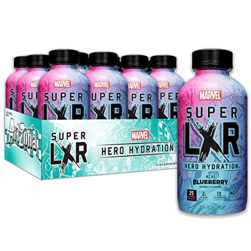 AriZona x Marvel Super LXR Hero Hydration - Acai Blueberry - 16oz (Pack of 12) – Low Sugar Sports Drink, Perfect for Athletes, Vitamins and Natural Flavors - Thirst Quencher