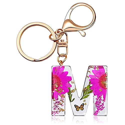 Initial Letter Butterfly Flower Pink Keychain Birthday gifts for Women Girl Backpack Wallet Car Key Cute Bling Keychain, M-pink, keychains
