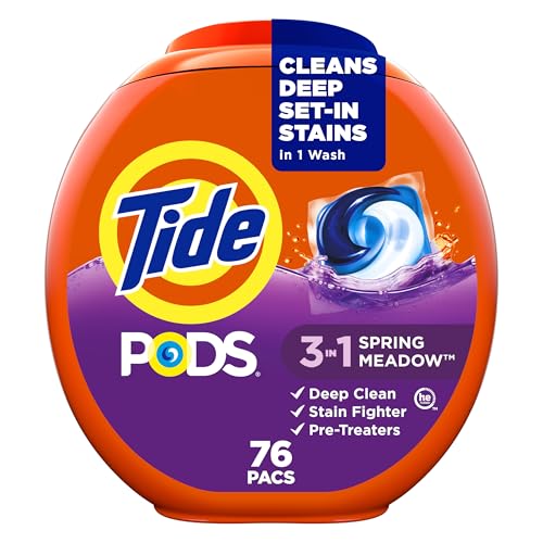 Tide PODS laundry detergent pacs, 3-in-1 Stain Remover, Odor Fighter, Color Protector, 76 Count, HE compatible, Spring Meadow Scent