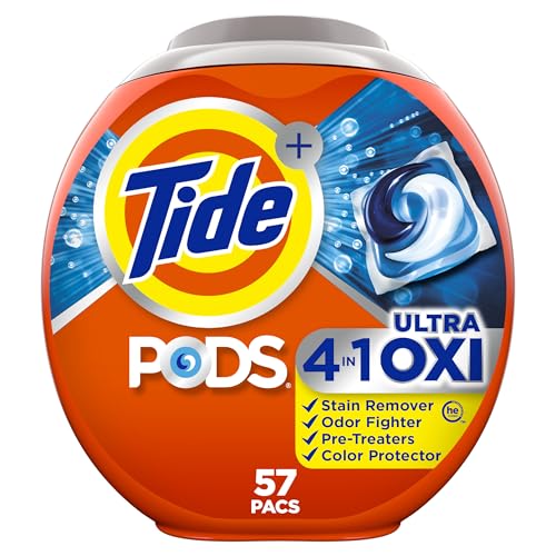 Tide PODS Liquid Laundry Detergent Soap Pacs, 4-n-1 Ultra Oxi, HE Compatible, Built in Pre-treater for Stains, 57 Count