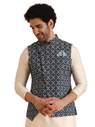 KISAH Men's Blue Printed Cotton Nehru Jacket- Traditional Indian Waistcoat for Weddings & Festive Occasions, 44