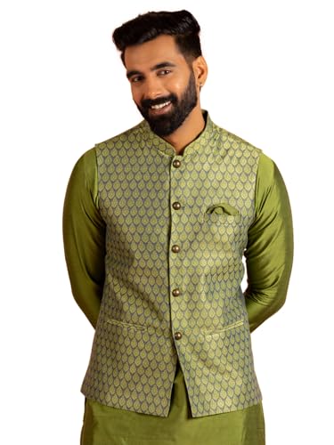KISAH Men's Green Jacquard Silk Blend Nehru Jacket- Traditional Indian Waistcoat for Weddings & Royal Parties