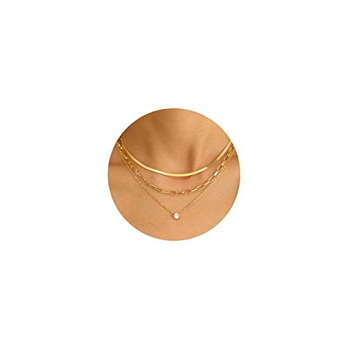 Gold Layered Choker Necklace for Women Girls, 14K Real Gold Plated CZ Pendant Necklace, Dainty Flat Snake Chain Layering Necklace for Gift