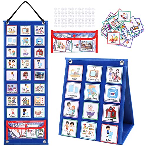 welltop Visual Schedule for Kids, 2 in 1 Daily Visual Planner Chore Chart with 70 Pcs Kids Routine Cards Autism Learning Materials, Behavioral Tool Wall Planner Table Top Pocket Chart for Home School