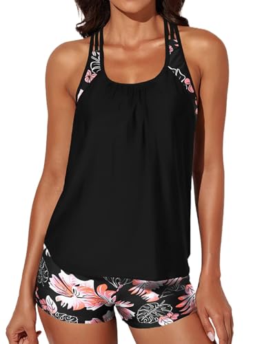 Aleumdr Women Swimsuits Racerback Swimsuit Top with Shorts Capris Blouson Printed Two Piece Bathing Suits for Women Black 402 Medium